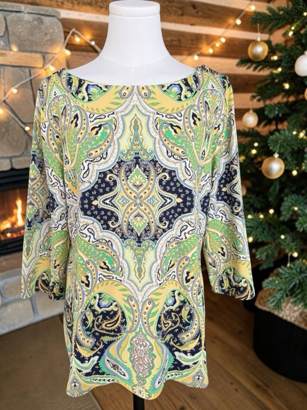 Charter Club Vibrant Paisley Medallion Print Top With 3/4 Sleeves-XL